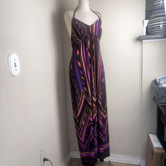 Carole Little Maxi Boho Multicolor Halter Sleeveless V Neck Summer Dress Sz S - Picture 1 of 7